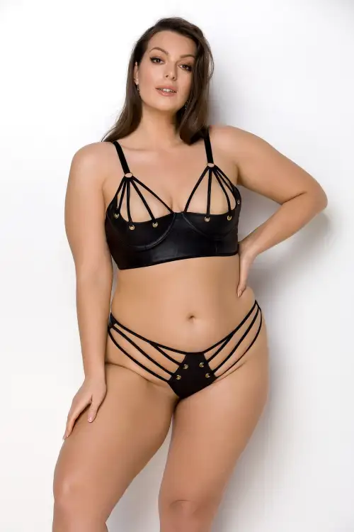 Комплект из экокожи Passion Malwia Bikini 4XL/5XL black, с люверсами и ремешками, бра, трусики photo 1